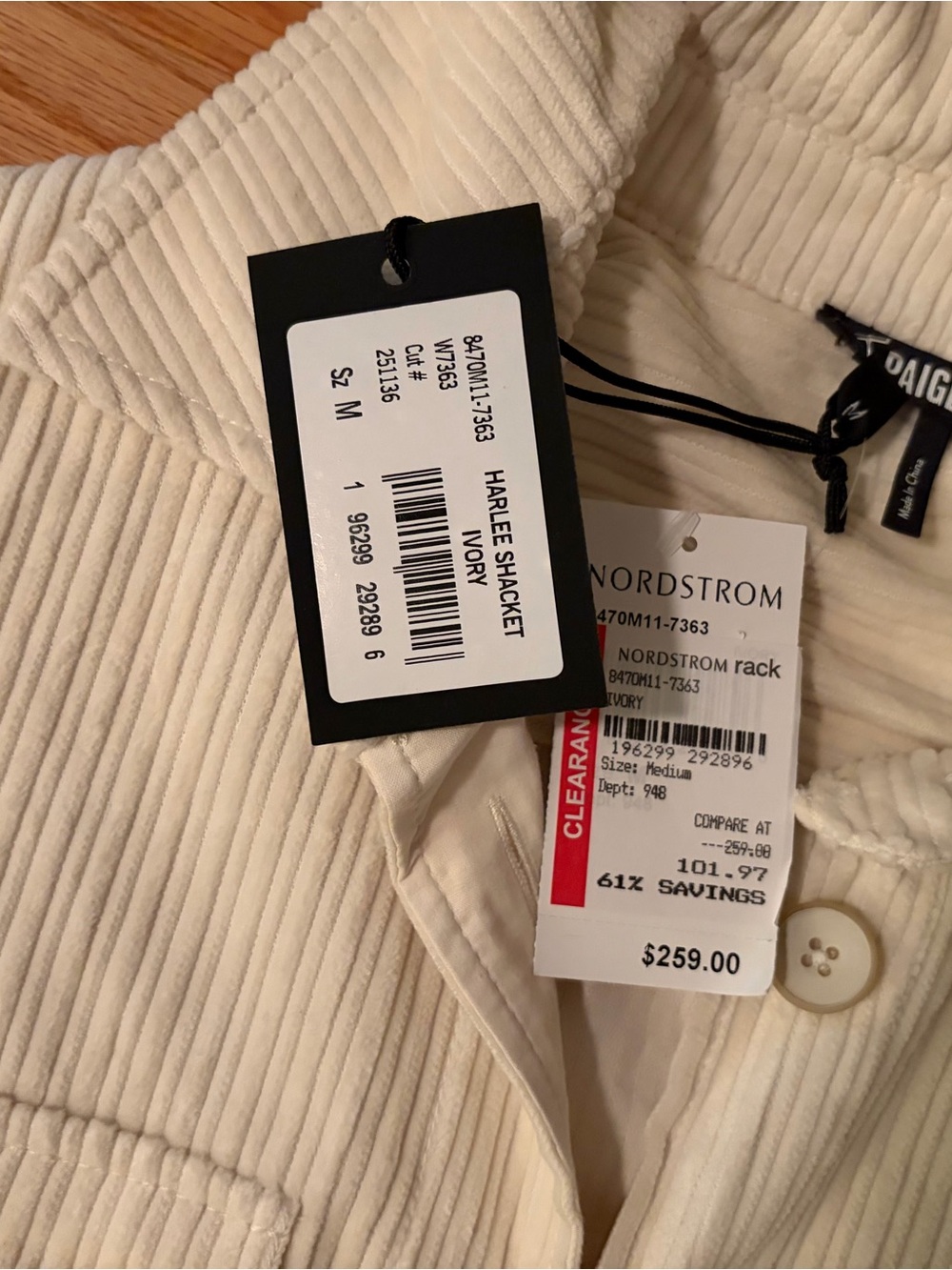 PAIGE Cream Ribbed  curduroy Utility Jacket - Picture 4 of 4
